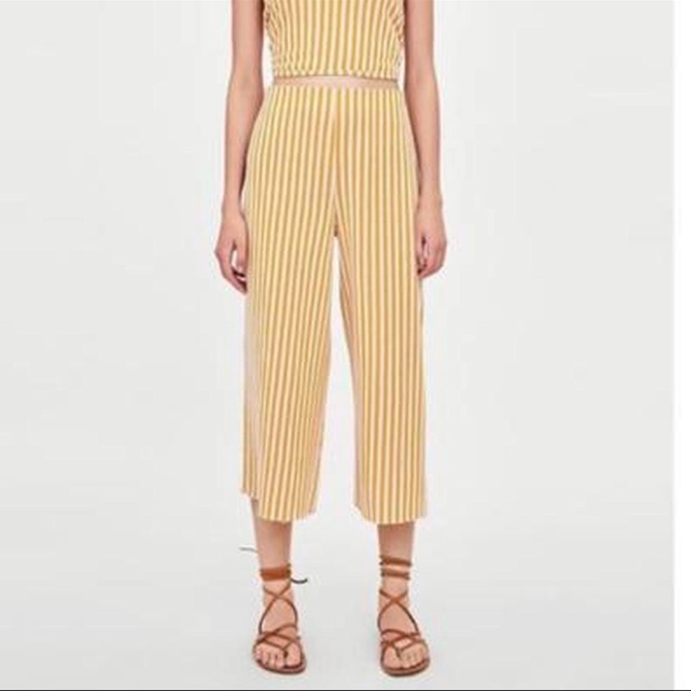 Zara Trafaluc Women’s Mustard & White Ocher Striped Knit Culottes Cropped Pants - Picture 2 of 10